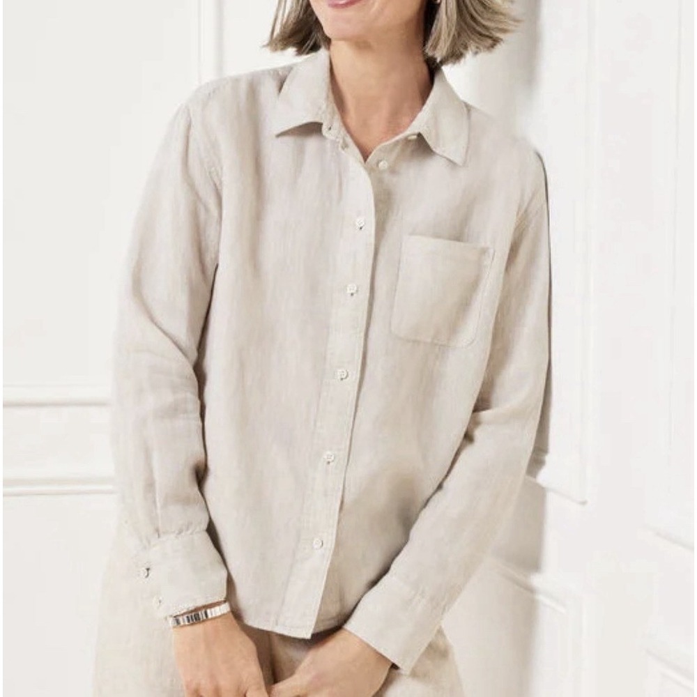 Talbots Sz 1X Beige Linen Button Down Women's Top Shirt Long Sleeve Minimalist